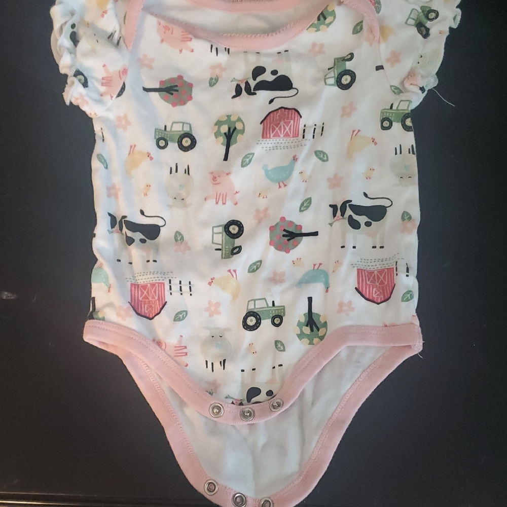 John Deere Girls Farm Print Bodysuit in White and Pink Trim